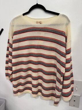 Hem & Thread Cream Striped Open-Knit Sweater with Red and Black Stripes